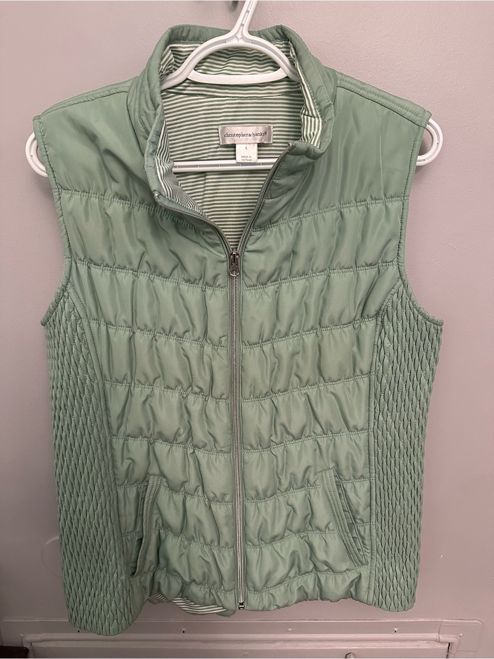 Christopher & Banks Sage Green Quilted Vest with Knit, Stretch Sides